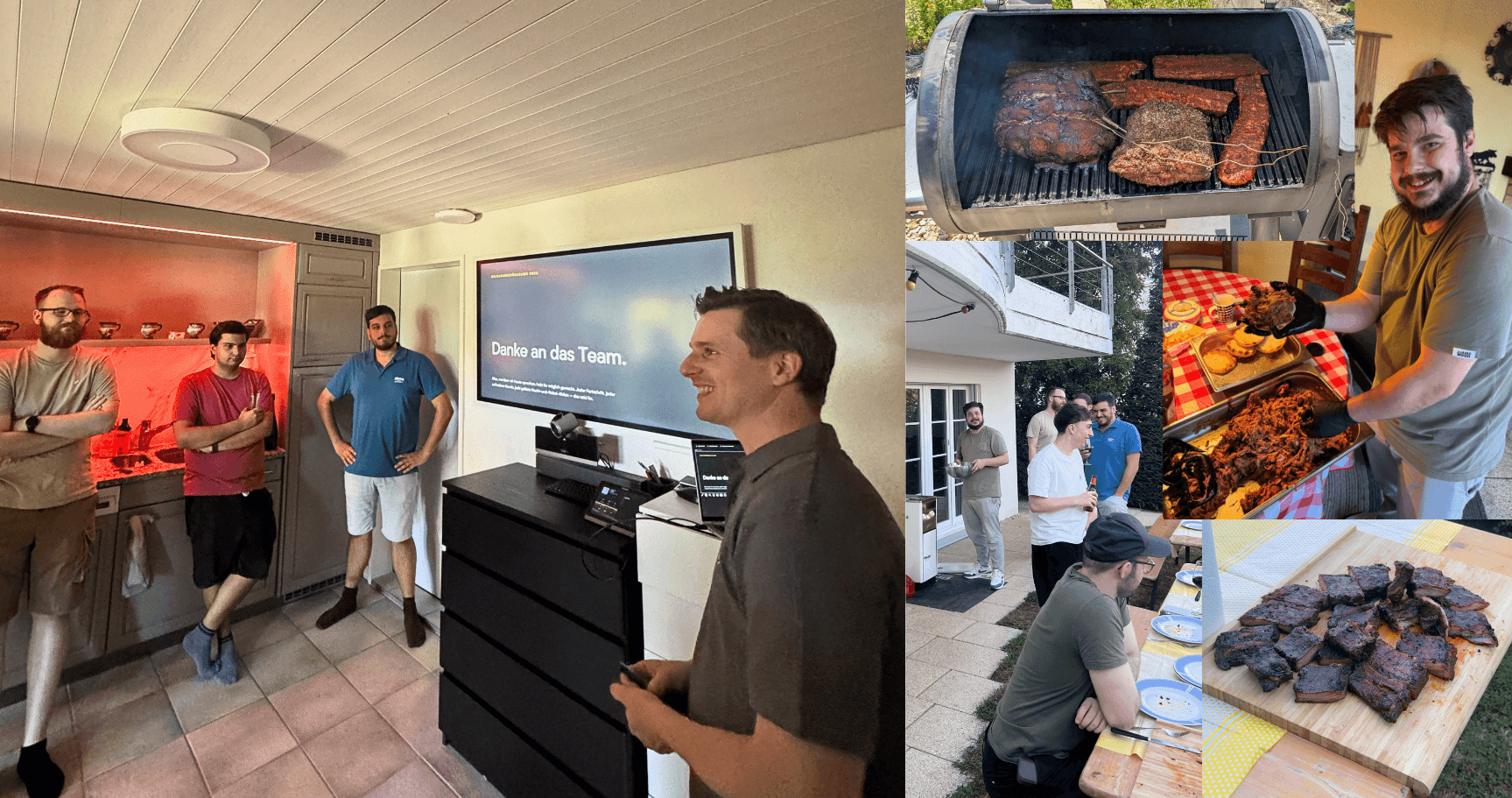 Collage vom BeSync Sommerfest 2026 mit Grillbuffet, Team auf der Terrasse und Dankesbotschaft auf dem Bildschirm