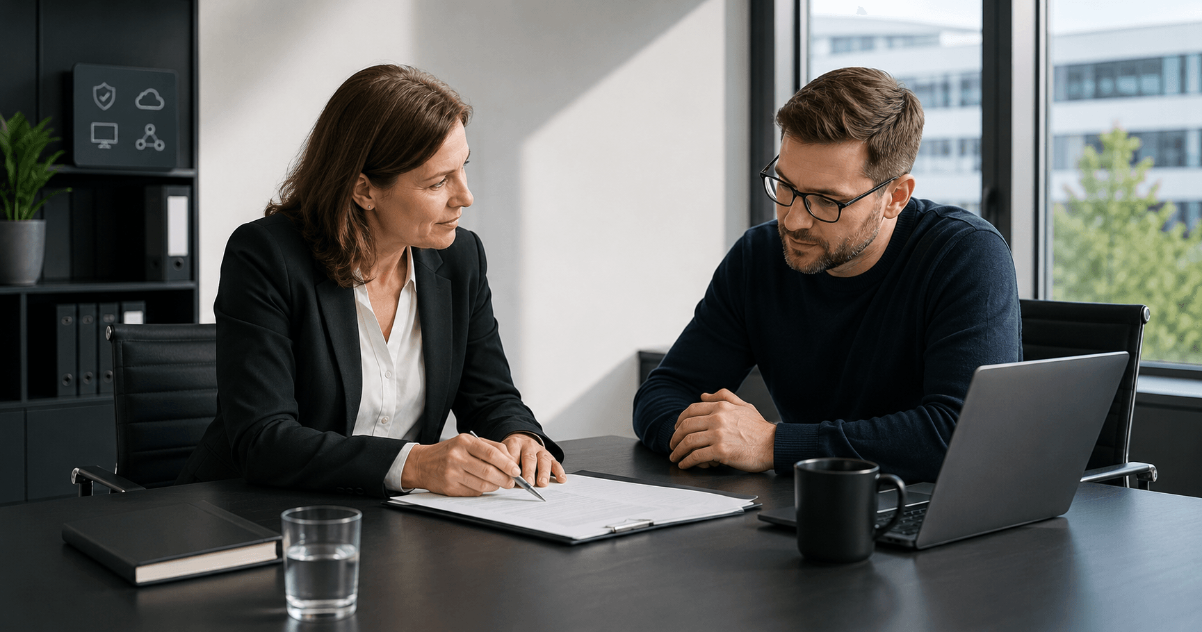 Geschäftsführerin und IT-Verantwortlicher besprechen einen Managed-Services-Vertrag am Sitzungstisch