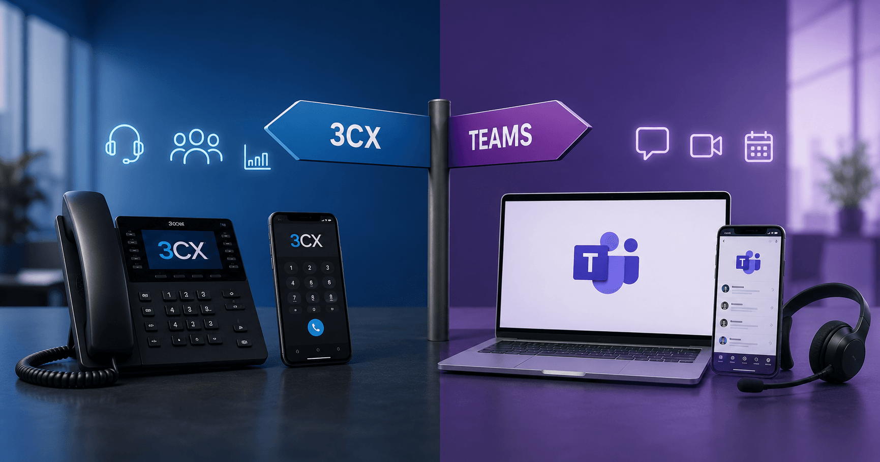 Wegweiser zwischen 3CX-Tischtelefon und Microsoft Teams auf Laptop – Telefonie-Lösungen für KMU im Vergleich