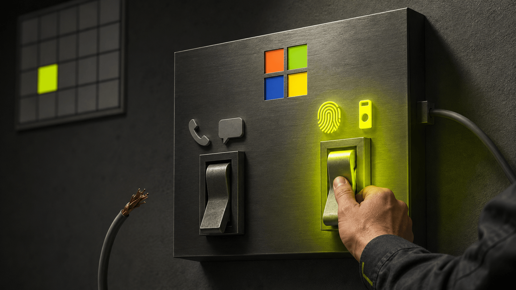 Hand legt Schalter um: von SMS- und Telefon-MFA zu Fingerabdruck und Security Key, mit Microsoft-Logo auf dem Panel