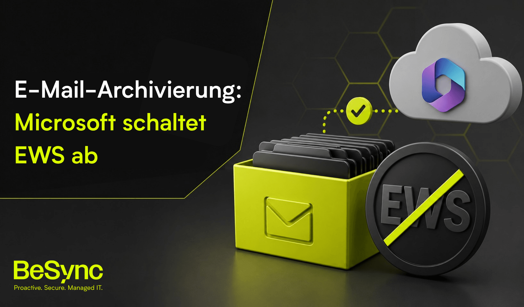 E-Mail-Archivierung: Microsoft schaltet EWS ab – Archivbox mit E-Mails, durchgestrichenes EWS-Symbol, Microsoft-365-Cloud