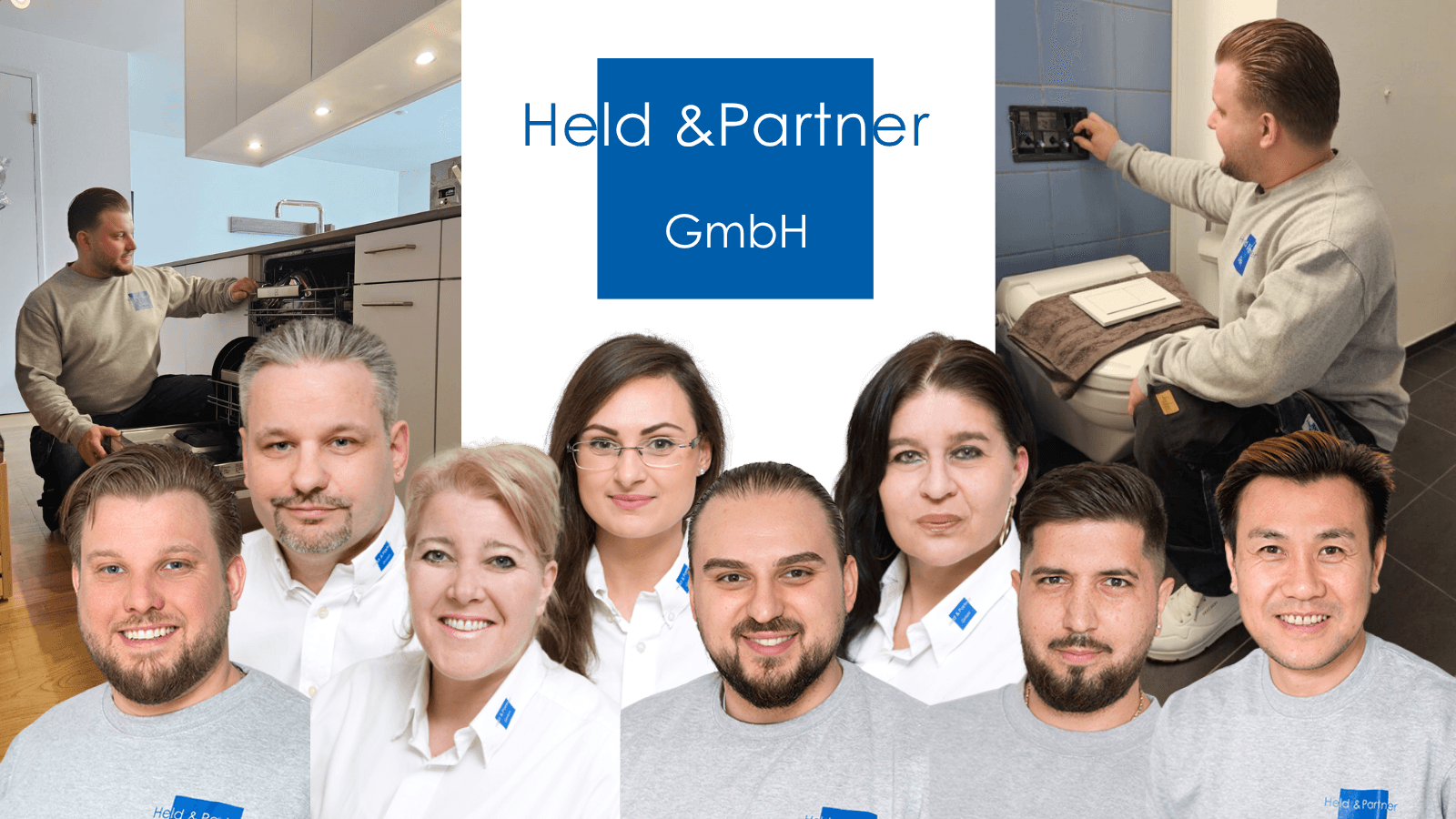 Team der Held & Partner GmbH mit Firmenlogo und Einblick in die Sanitärarbeit