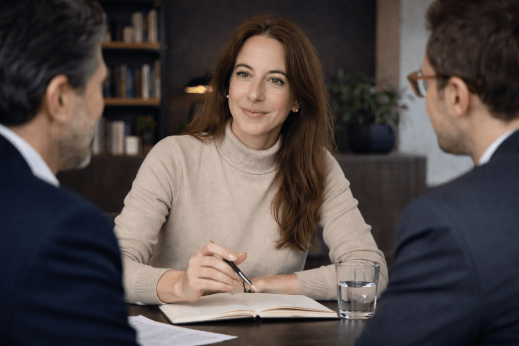 Beraterin im Gespräch mit zwei Kunden an einem Besprechungstisch