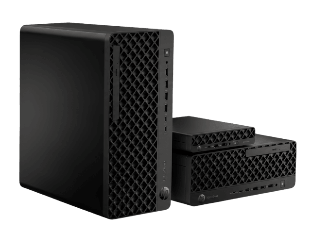 HP EliteDesk business desktop PC tower beside two slim small-form-factor models